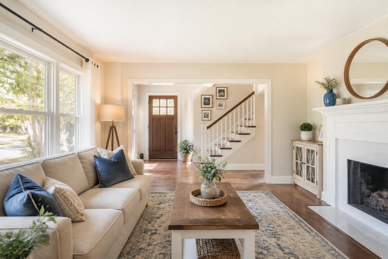 A bright, welcoming family living room with clean surfaces and comfortable seating