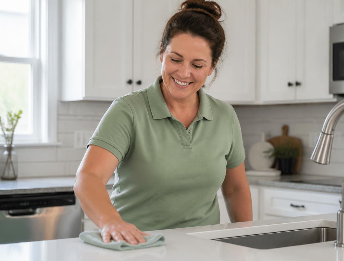 A Suds Cleaning Co. team member cleaning a kitchen counter